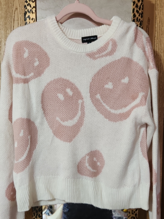 Agnes B. Sweaters - Agnes Blues Cream Sweater with Blush Pink Smiley Motifs